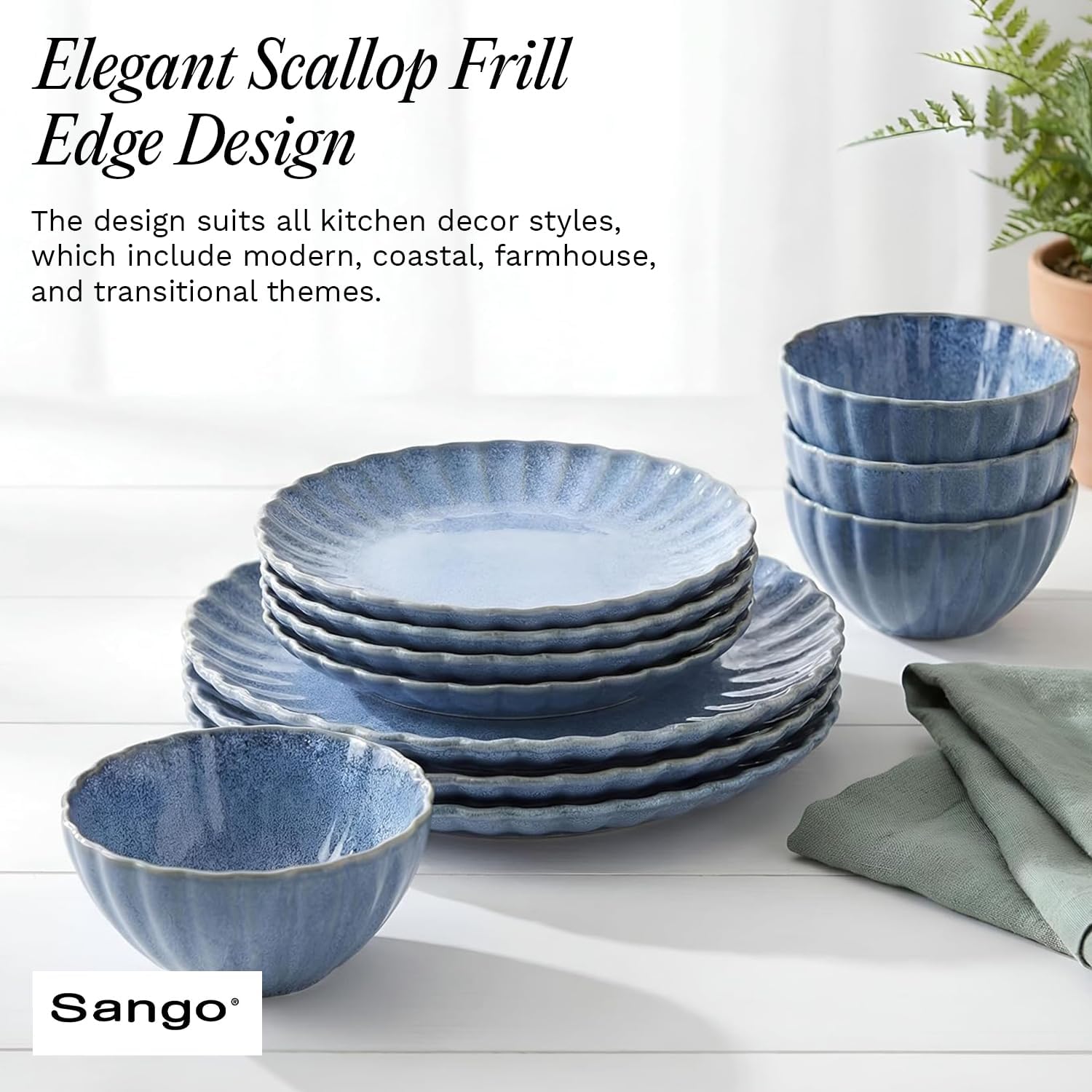 Sango 12 Pieces Stoneware Dinnerware Set, Modern Reactive Blue Dishes for 4, Premium Serving Plates and Bowls Sets, Chip Resistant Plate, Ceramic Dishware, Kitchen Dish Set, Scallop Dining Ware, Frill