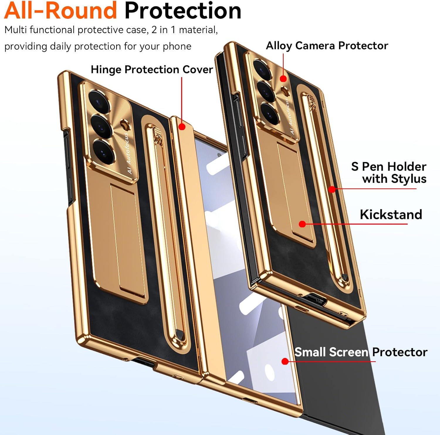 for Samsung Galaxy Z Trifold Case with S Pen Holder & Stylus, Built in Small Screen Protector Invisible Kickstand Camera Protector All-Round Protection Case for Galaxy Z Trifold Gold+Black