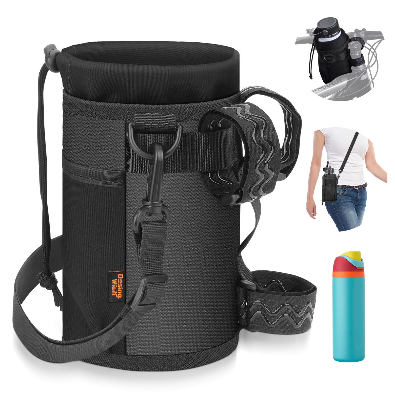 Porte 12-24oz Gourde Velo Sans Vis Bidon Porte Velo avec Poche en Maille et Bandoulière Porte Gourde VTT pour Bouteille de Vélo Guidon Poussette Scooters Randonnée Fauteuil Roulant
