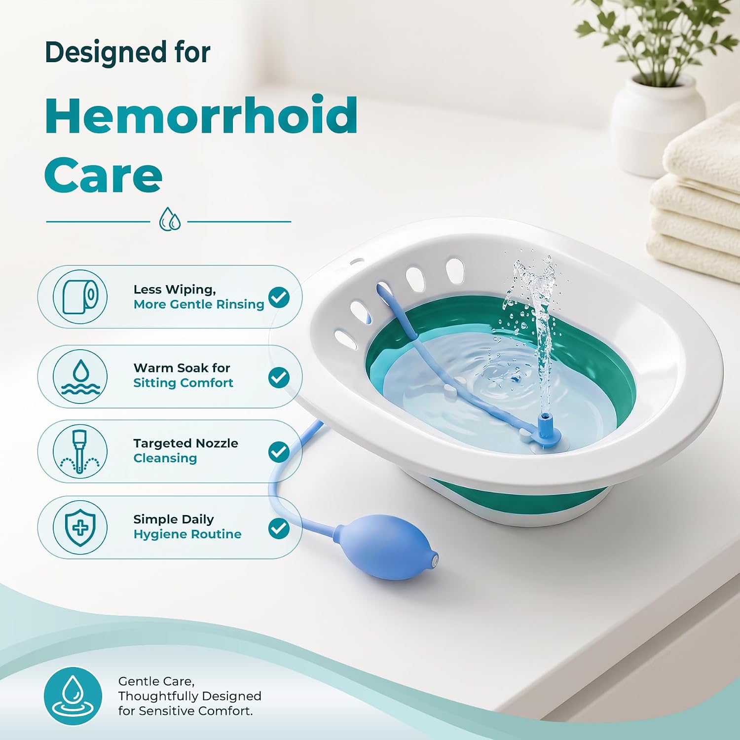 Sitz Bath for Toilet Seat with Hand Massage Flusher - Foldable Sitz Bath for Hemorrhoids and Postpartum Care, Designed for Perineum Soaking, Hemorrhoid, and Anal Inflammation Treatment