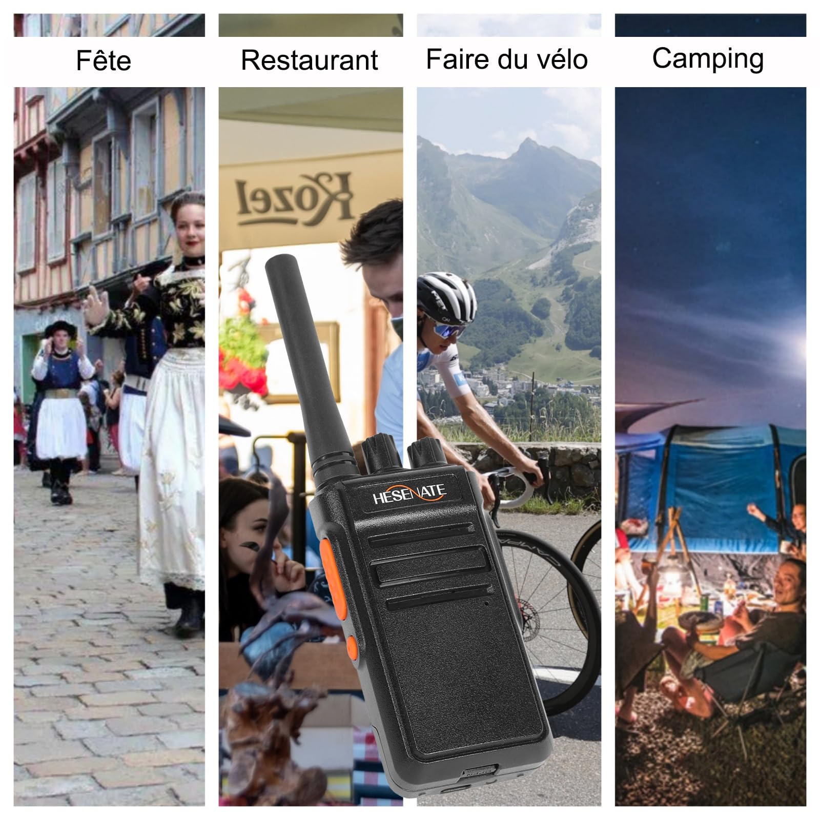 HESENATE HT66 Talkie-walkie PMR446 Radio sans Licence Radio Longue portée Talkie-walkie Professionnel 16 canaux Portable Woki Toki (Noir, Lot de 6) (avec Chargeur 6 emplacements)