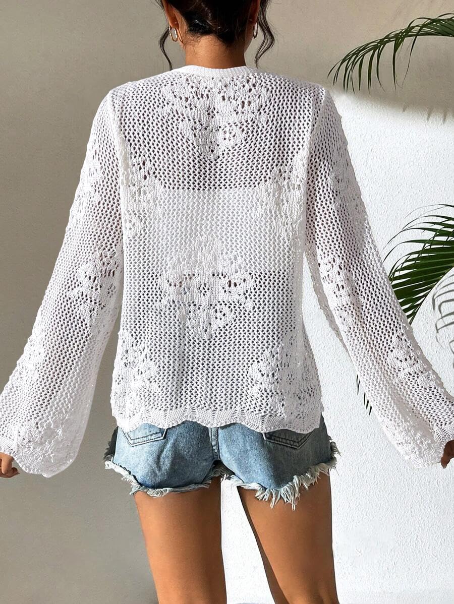 Womens Tie Front Lightweight Crochet Cardigan Shrugs Knit Cardigan Crop Tops Cover Up - Image 6