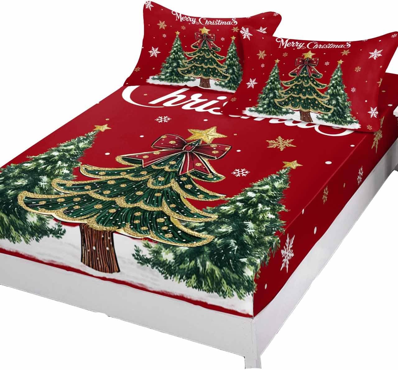 Xmas Bow Star Tree Fitted Bed Sheet Set for California King Size Fits Mattress Upto 16Inch,Christmas Red Winter Snowflake Soft Microfiber Deep Pocket Bedsheet with 2 Pillow Shams Hotel/Bedroom Decor