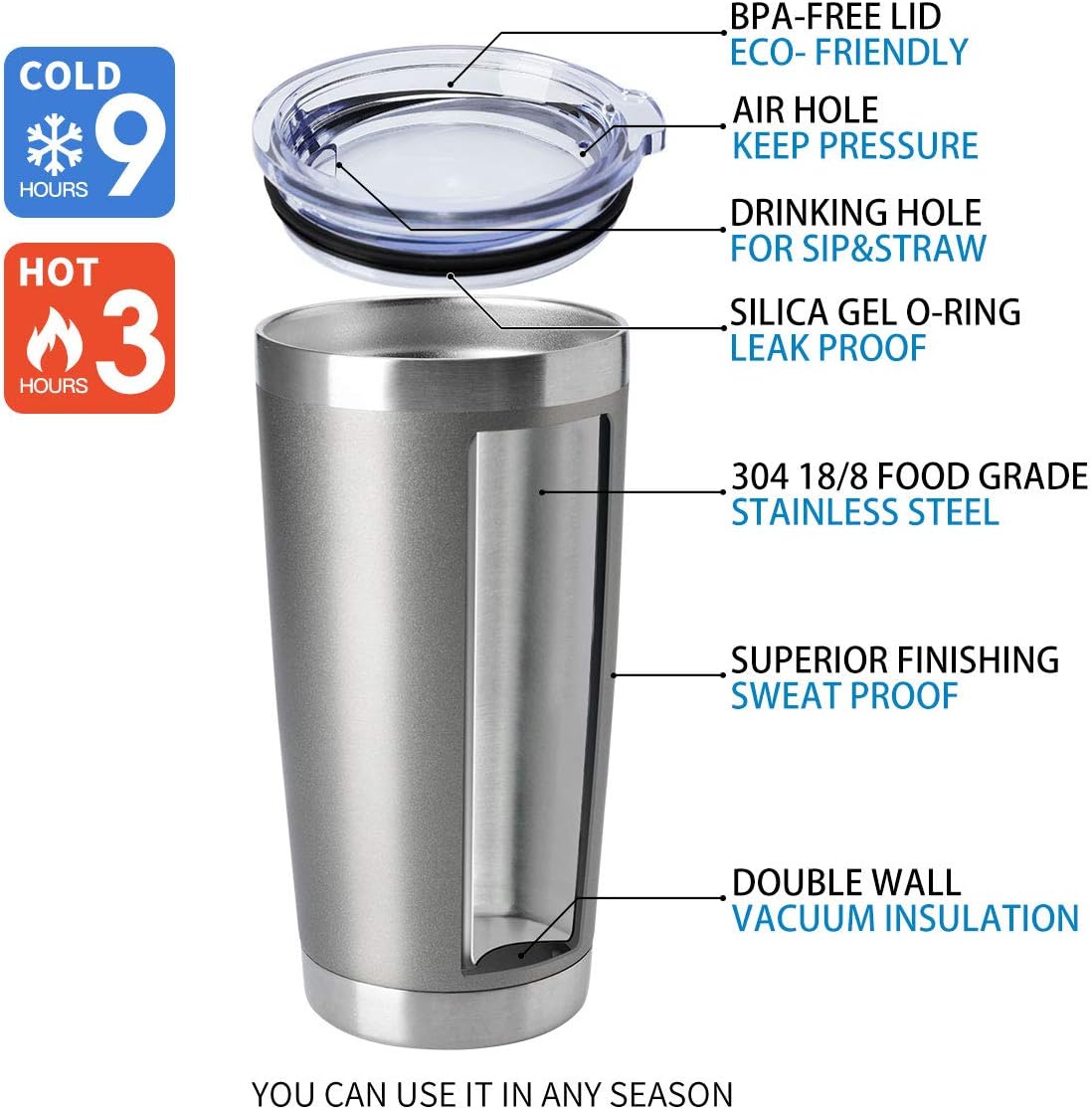 HASLE OUTFITTERS 20oz Tumblers Bulk Stainless Steel Cup with Lid Double Wall Vacuum Insulated Coffee Mug for Cold & Hot Drinks 1 Pack, Grey - Image 4