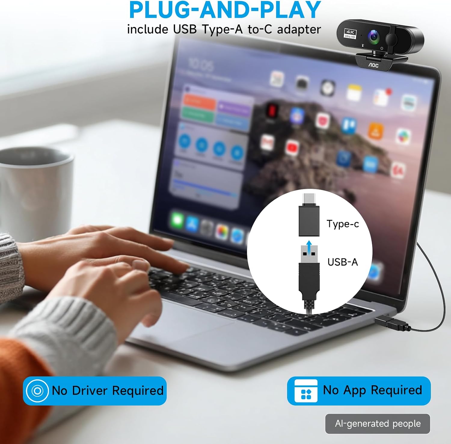 Webcam for PC with Microphone, 4K Webcam Privacy Cover (AOC310-USB Webcam) thumbnail 6