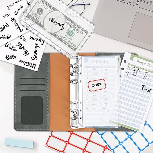 Miniatura 5 de Carpeta A6, cubierta de cuaderno de piel sintética suave con 16 bolsillos, 12 hojas de presupuesto, 4 etiquetas adhesivas de letras (gris)