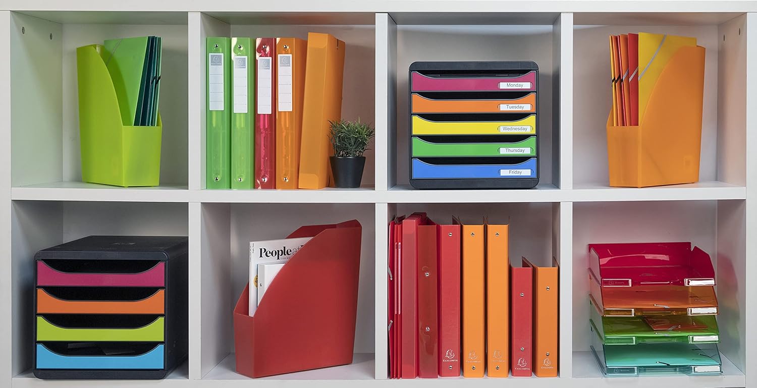 Exacompta - Ref 3097298D - BIG-BOX PLUS Desktop Drawer Set - 5 x 43mm Drawers, Suitable for A4+ Documents, 347 x 278 x 271mm, 100% Recycled Plastic - Black/Glossy Harlequin