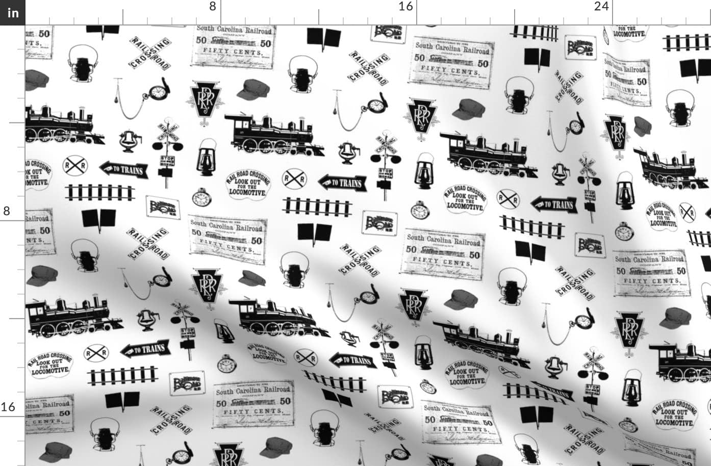 Spoonflower Fabric - Railroad Small Train Trains Black Steam Printed on Organic Cotton Sateen Fabric by The Yard - Sewing Quilting Apparel Home Decor