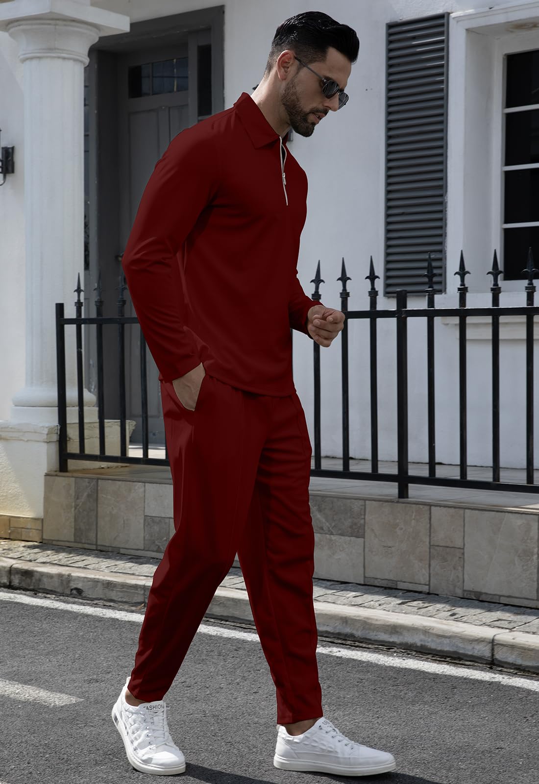 KUYIGO Tuta da uomo polo con cerniera a 1/4, 2 pezzi, a maniche lunghe, felpa e jogger, casual, top a nido d'ape, pantaloni sportivi, abbigliamento sportivo da golf, taglie S-XXL