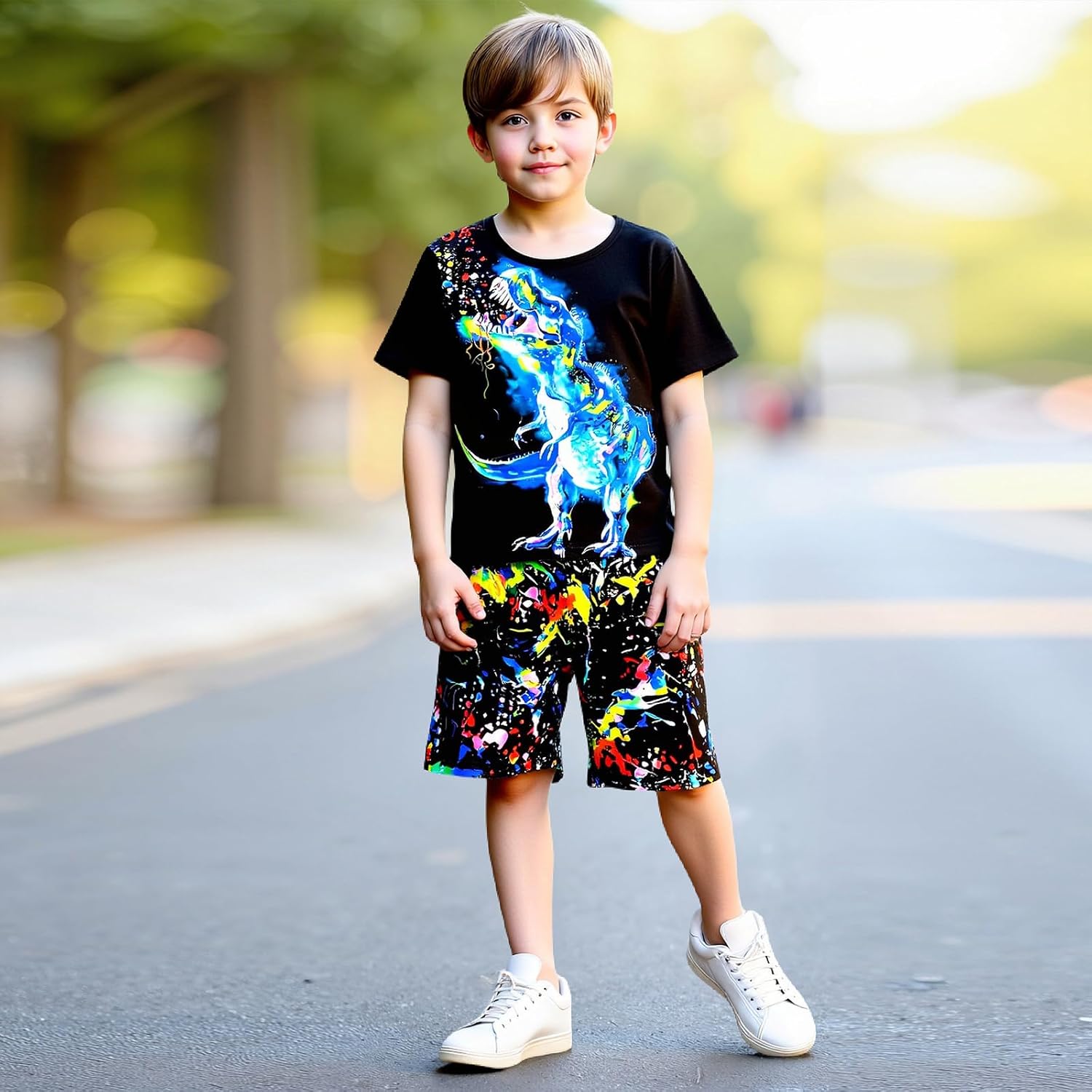 Boy's 2 Piece Outfits, Dinosaur Shirt and Tie-Dye Print Shorts Casual Clothing Sets for Kids