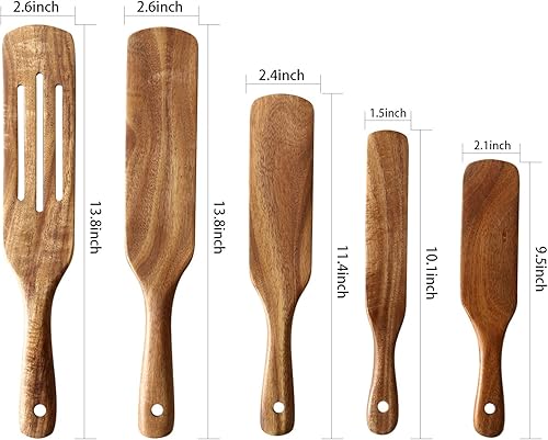 Miniatura 2 de Juego de 5 utensilios de cocina de teca natural, resistentes al calor, antiadherentes, con agujero para colgar, espátula ranurada para agitar,