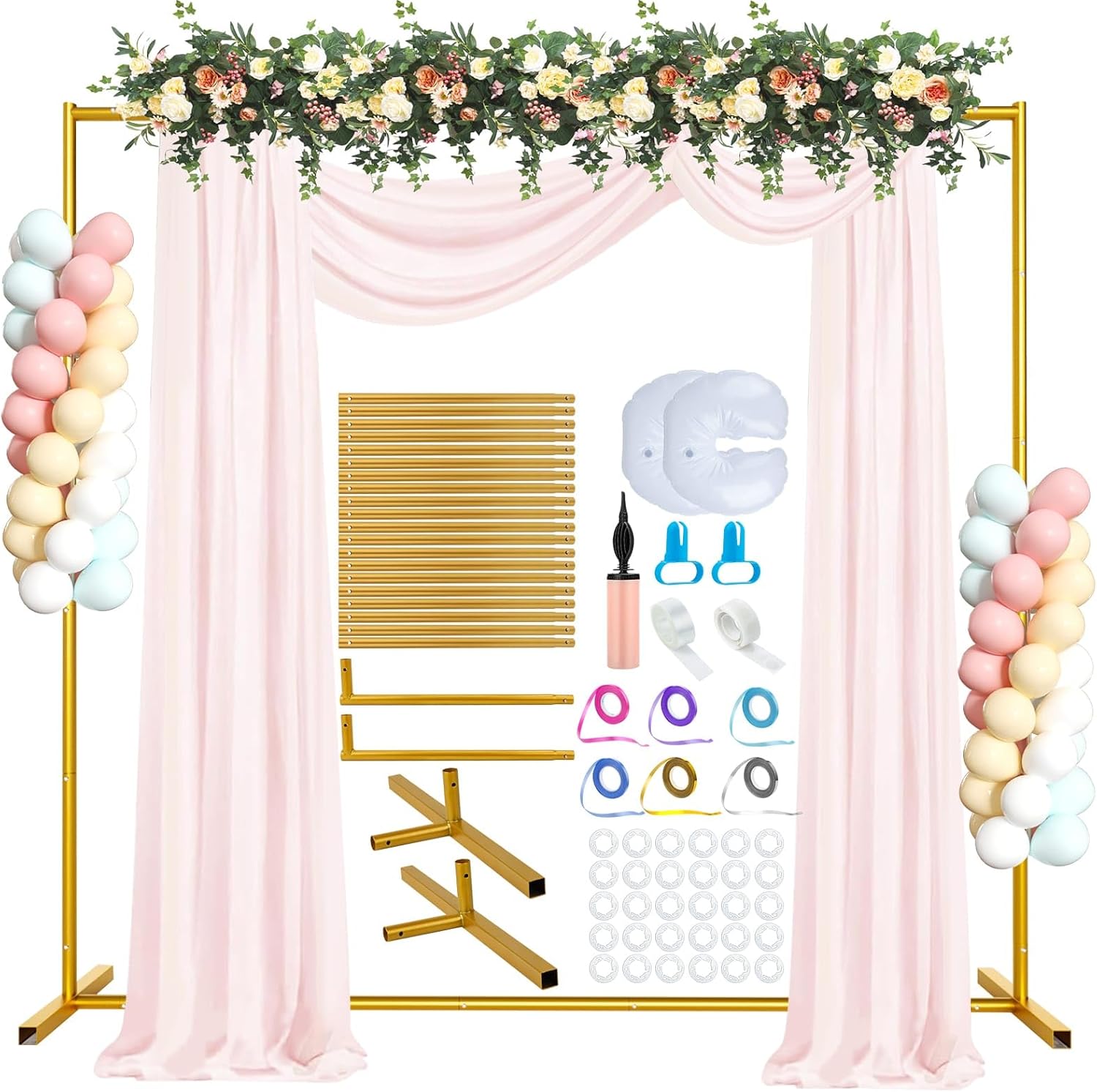 6.6FT x 6.6FT Balloon Arch Stand Gold Metal Wedding Arch