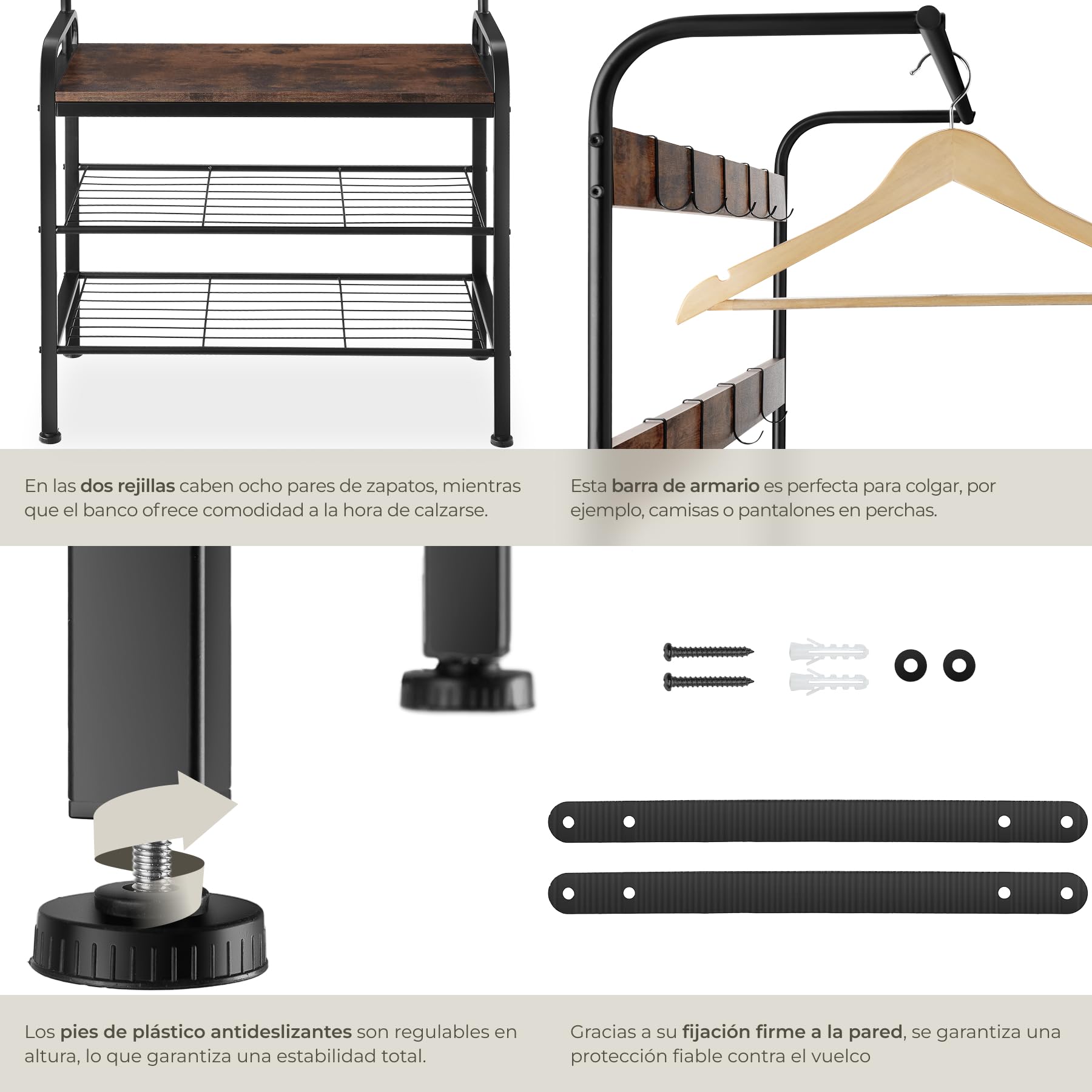tectake® Perchero Entrada Recibidor, Banco de Madera, Colgador de Ropa, Barra Perchero, Zapatero con Perchero, Dos Estantes, Mueble Zapatero - 85,5 x 36 x 184 cm Madera Industrial Oscura, Rústica