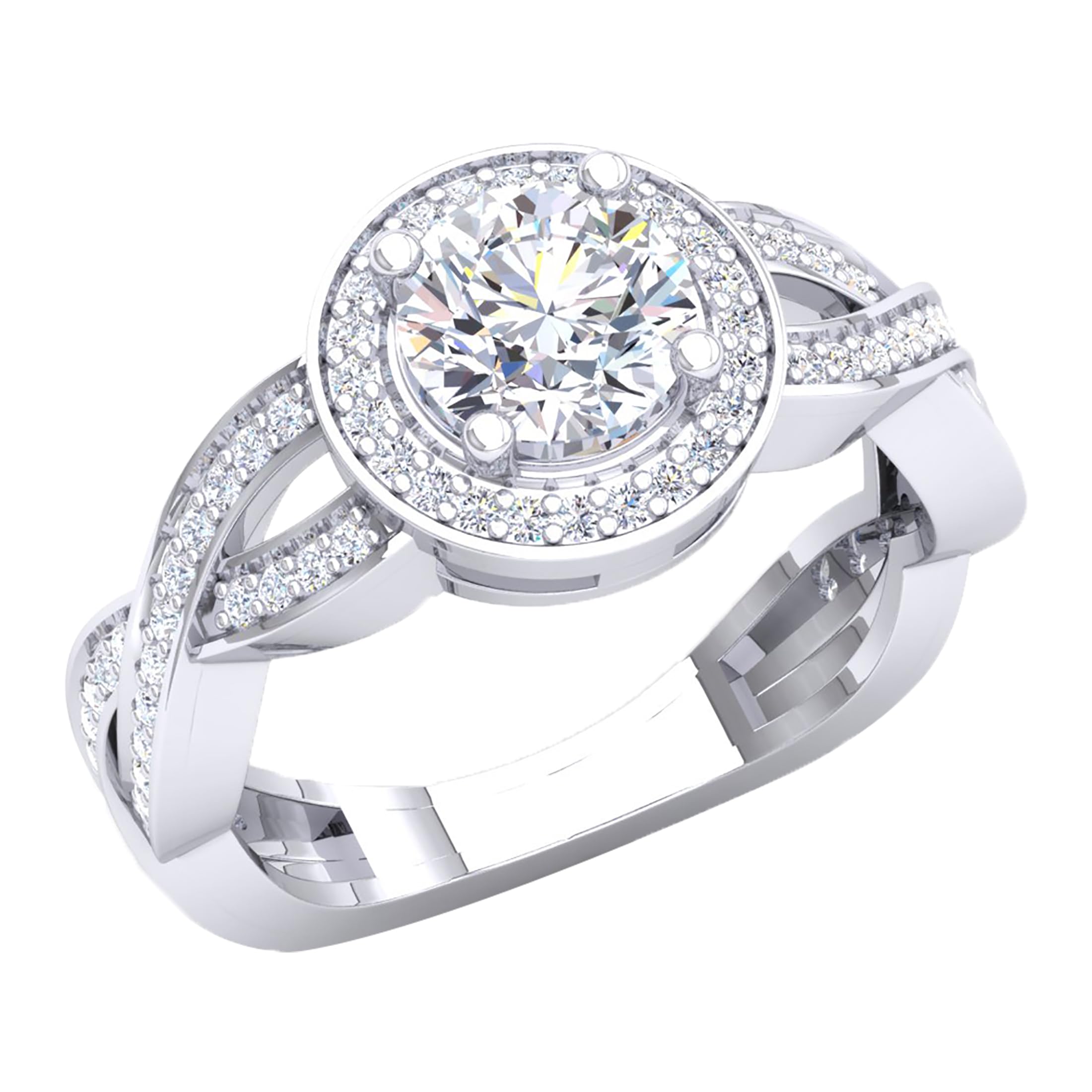 Dazzlingrock Collection Anello di fidanzamento da sposa in oro 14 carati con moissanite rotonda e diamante bianco, stile alone a spirale con gambo diviso in oro bianco, diamante moissanite, Oro