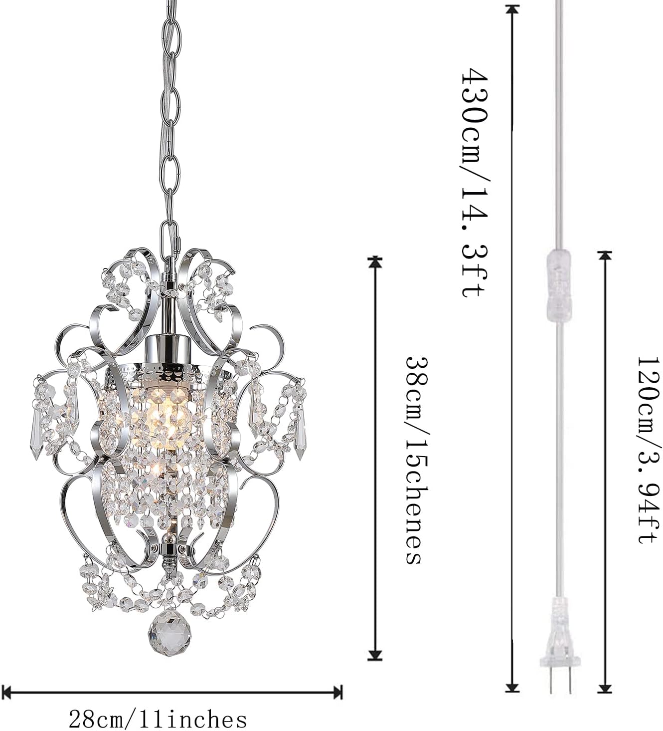 Plug in Chandelier Hanging Lignt Fixture with 14.3 FT Cord and ON/Off Switch,Mini Chrome Crystal Light Fixture for Bedroom,Living Room,Dining Room