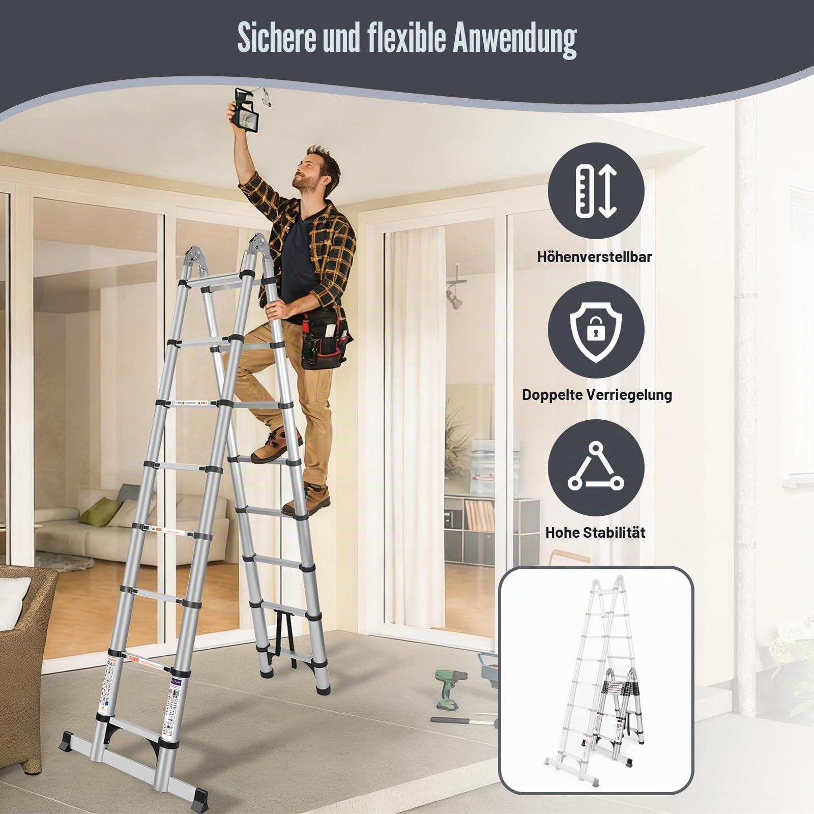 Alu Teleskopleiter Ausziehbare Leiter 5 Meter Silber
