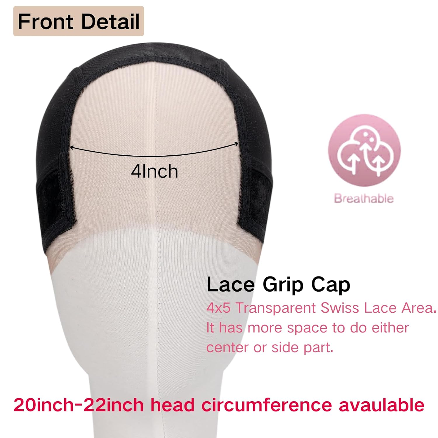 Isshin Beauty Lace Wig Grip Cap for Women – Small Size 4x5 HD Transparent Swiss Lace Non-Slip Glueless Wig Gripper with Adjustable Velcro Headband & Ear Cutouts Breathable Black Mesh