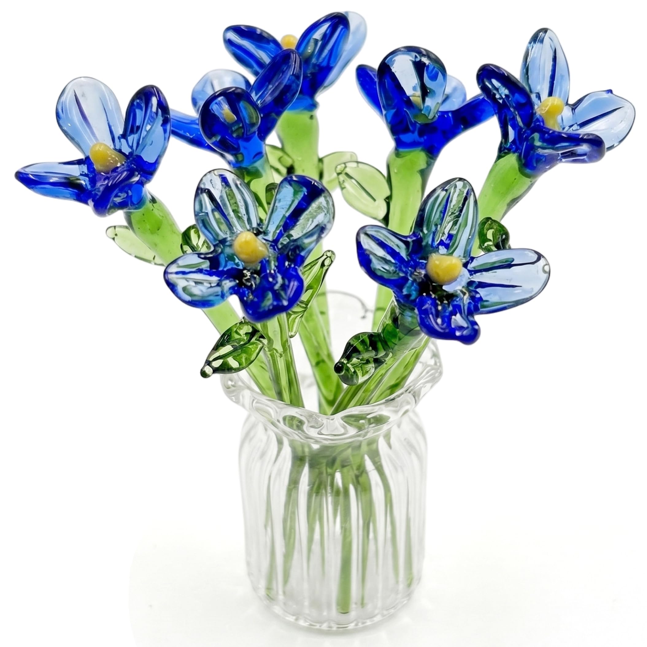 Tsawntd 7-piece Mini Glass Flowers, Mini Glass Flowers In Vase, Handcrafted Blue Floral Bouquet With Stems, Desktop Decor in vase tiny in
