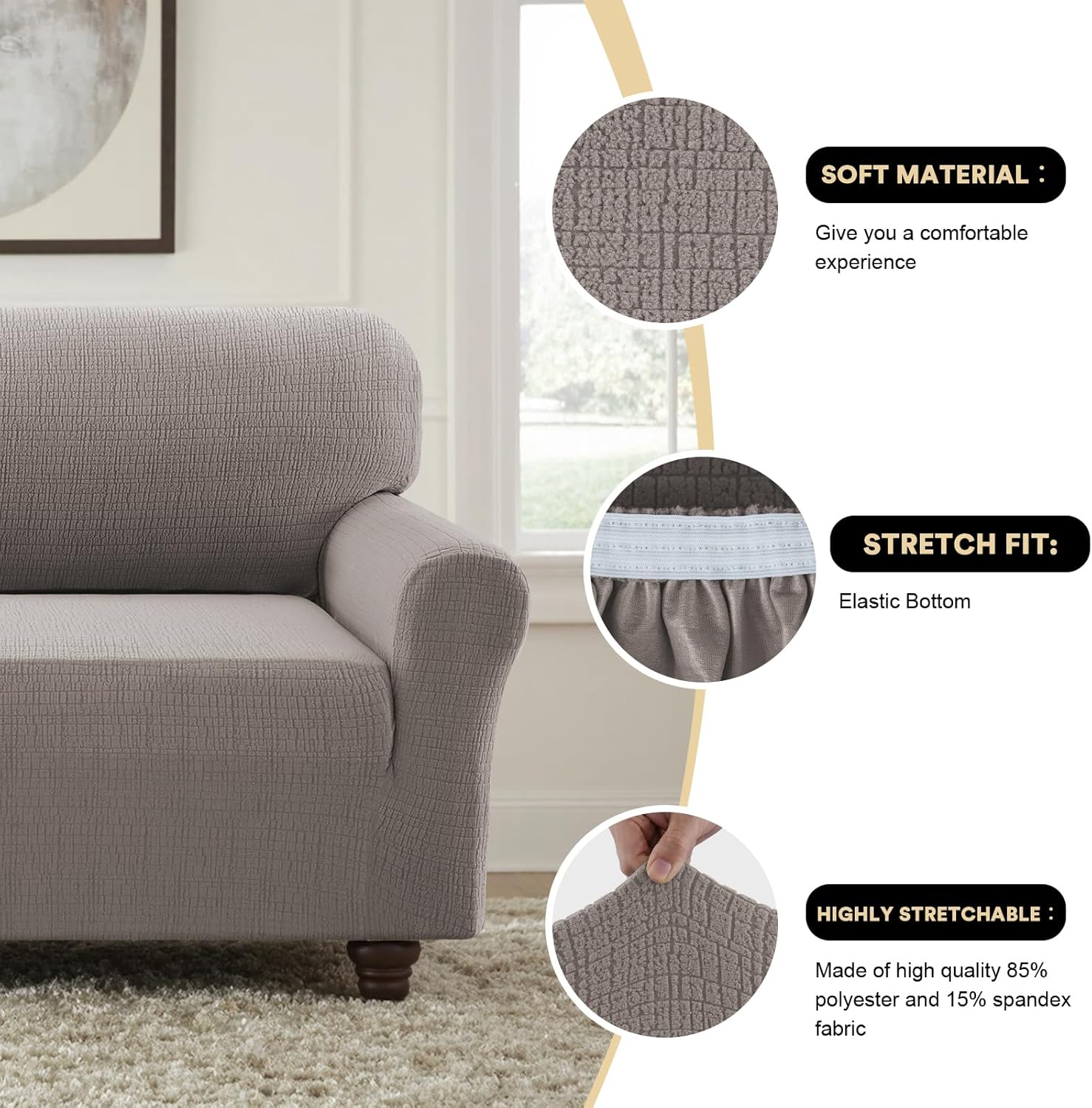 PrinceDeco Waterproof Couch Covers Slipcovers for Large Sofas,1 Piece Stretch Jacquard Sofa Slipcover Leakproof Pet Friendly Furniture Protector for Kids, Dog (Sofa L Seat Width 62"-70", Taupe)