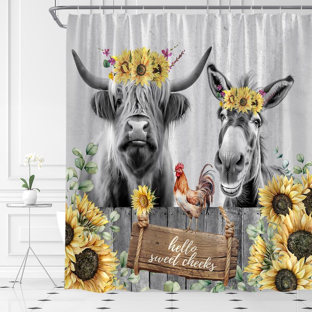 Highland Cow Shower Curtain Funny Animal Farmhouse Pink Flowers Cattle Wildlife Fabric Bathroom Decor Set with Hooks（70"Wx84"H）