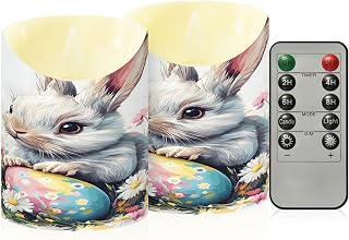 ALAZA Easter Bunny Rabbit Eggs Spring Flowers Flameless Candles with Remote Timer,LED Flickering Battery Operated Electric Pillar Tea Light Candles for Wedding Table Christmas Decorations 3" x3.9"