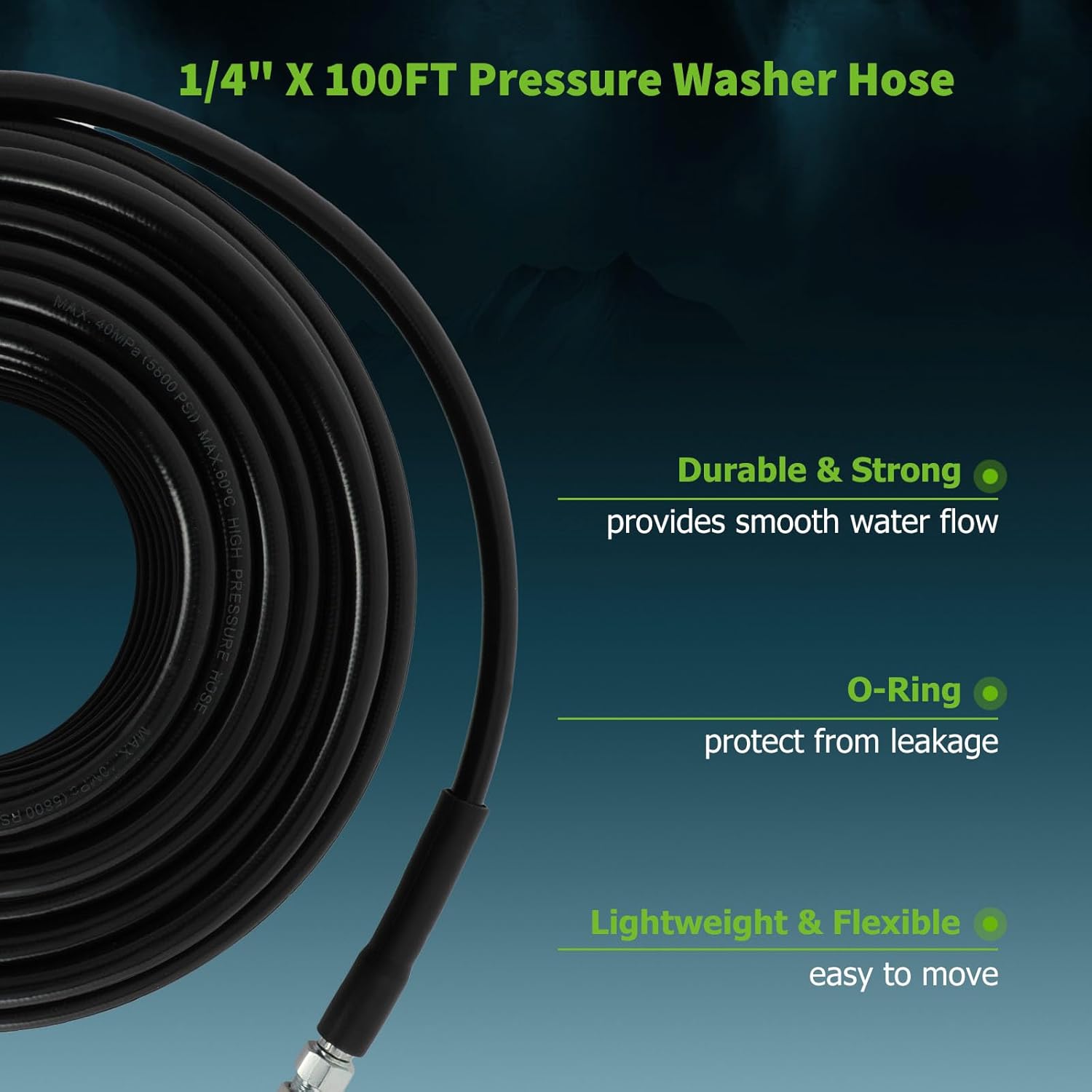 100ft Pressure Washer Hose 5800psi 1/4 Inch with 1/4" Female NPT Coupler, Kink Free Replacement Hybrid Flexible Outdoor Hose for Electric or Gas Power Washer