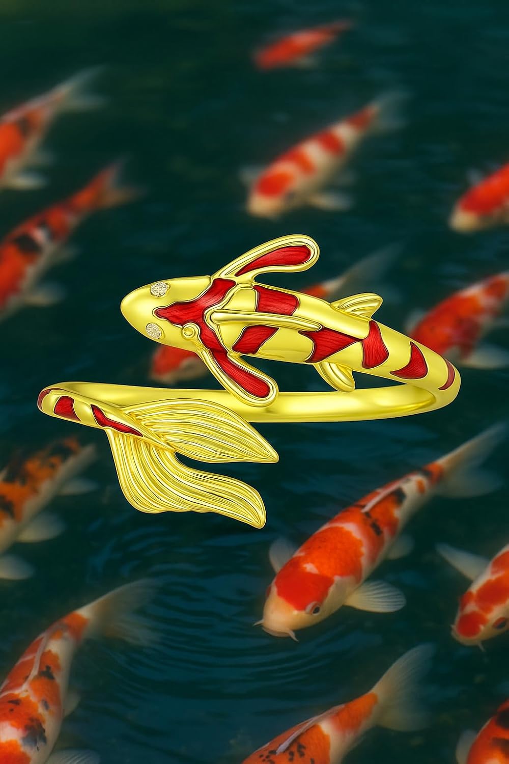 Stainless Steel Koi Fish Ring and Earrings Set with Red Enamel, Japanese Style - Koi Fish Jewelry Gift