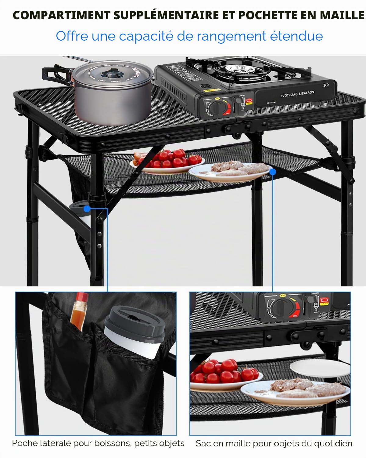 MSDADA Table de gril pliante, réglable en hauteur, bureau et sac en maille, portable pour camping, pique-nique, terrasse, salle à manger, barbecue, fête, noir, 60 x 40 cm