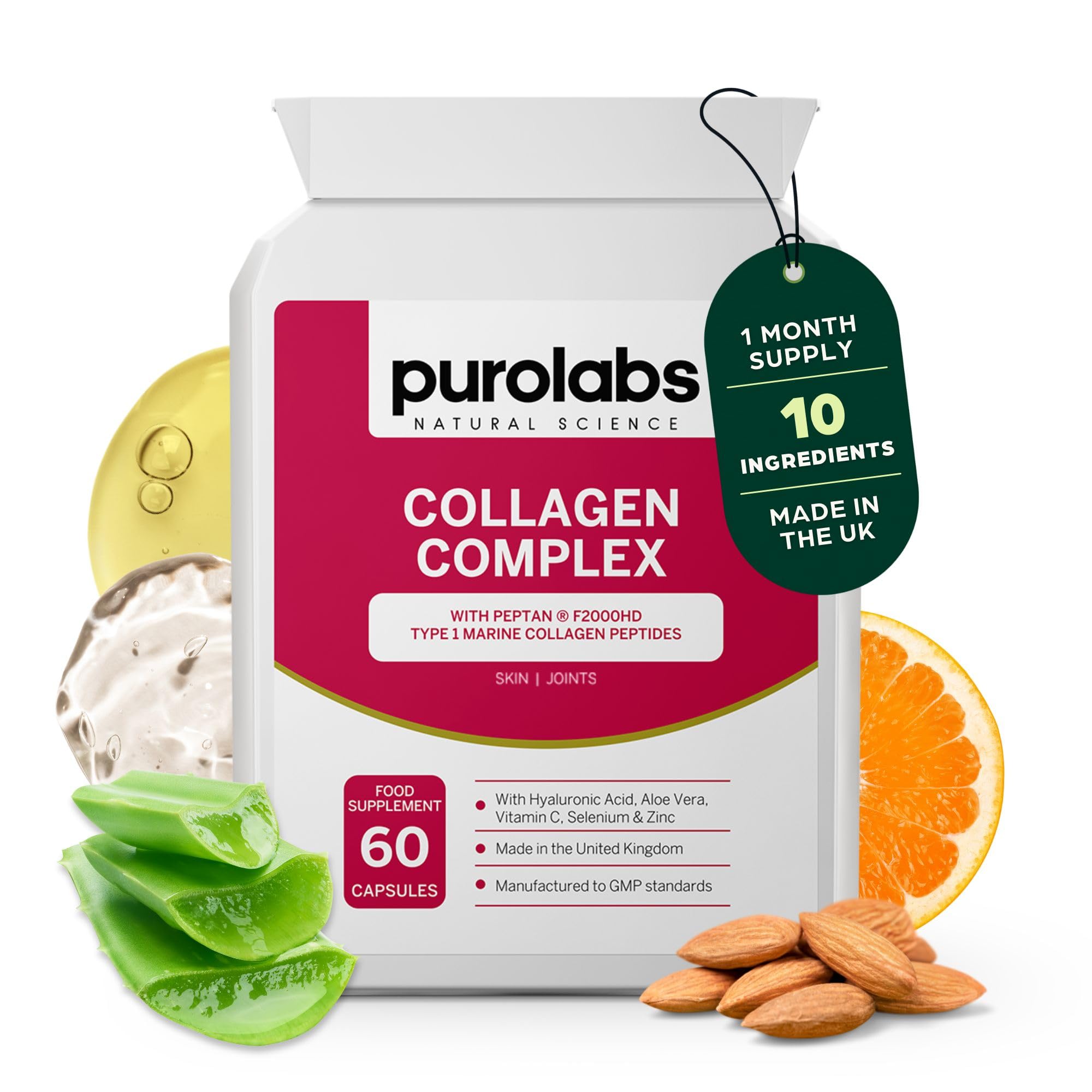 Purolabs Marine Collagen Complex - Collagen Supplement for Women & Men - with Hyaluronic Acid & Vitamin C - High Strength Type 1 Hydrolyzed Collagen Peptides - 60 Capsules - Skin, Hair & Nails