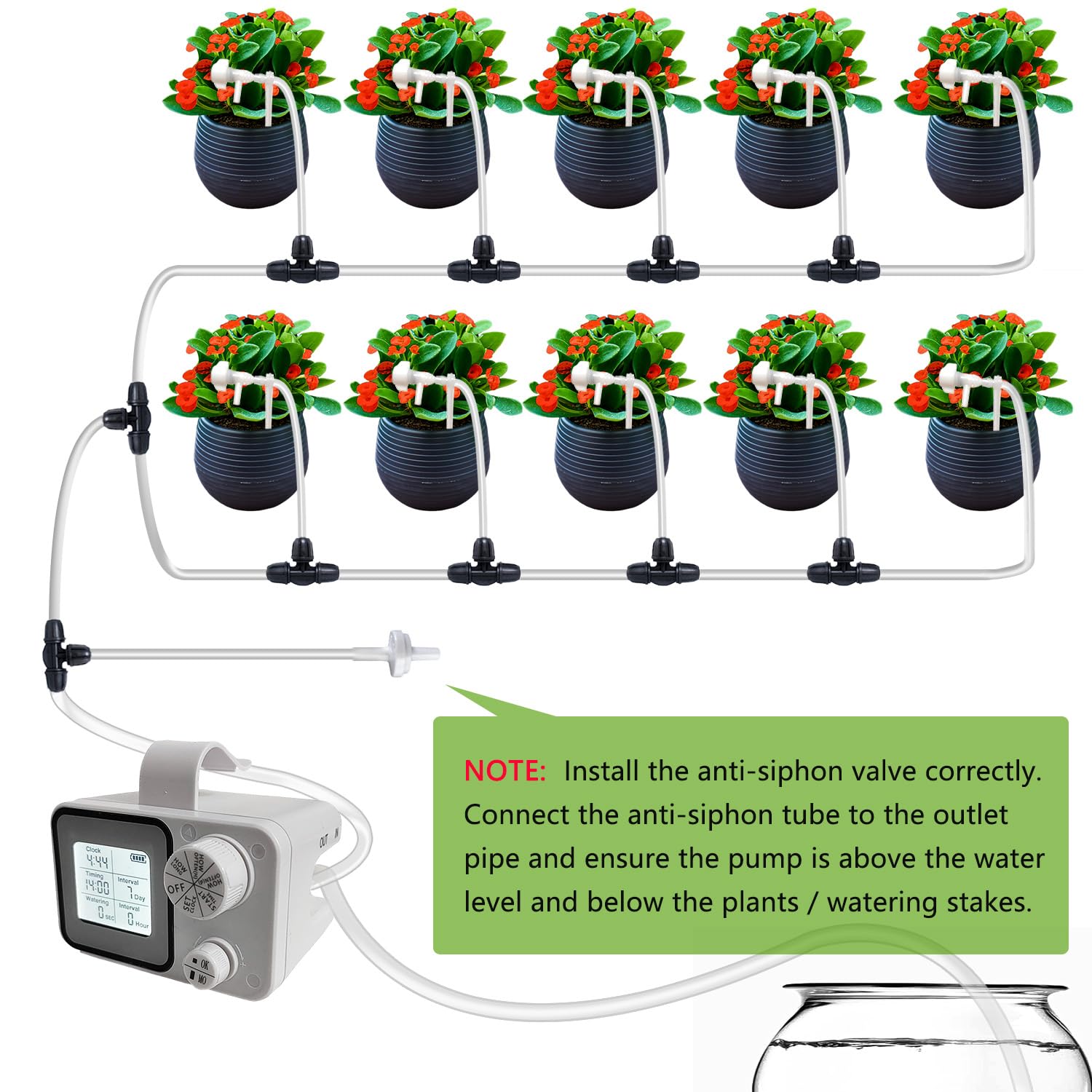 Riego automático de plantas de interior para 15 plantas en maceta, kit de riego por goteo con goteros ajustables y conectores en T bloqueables, temporizador programable digital, dispositivos