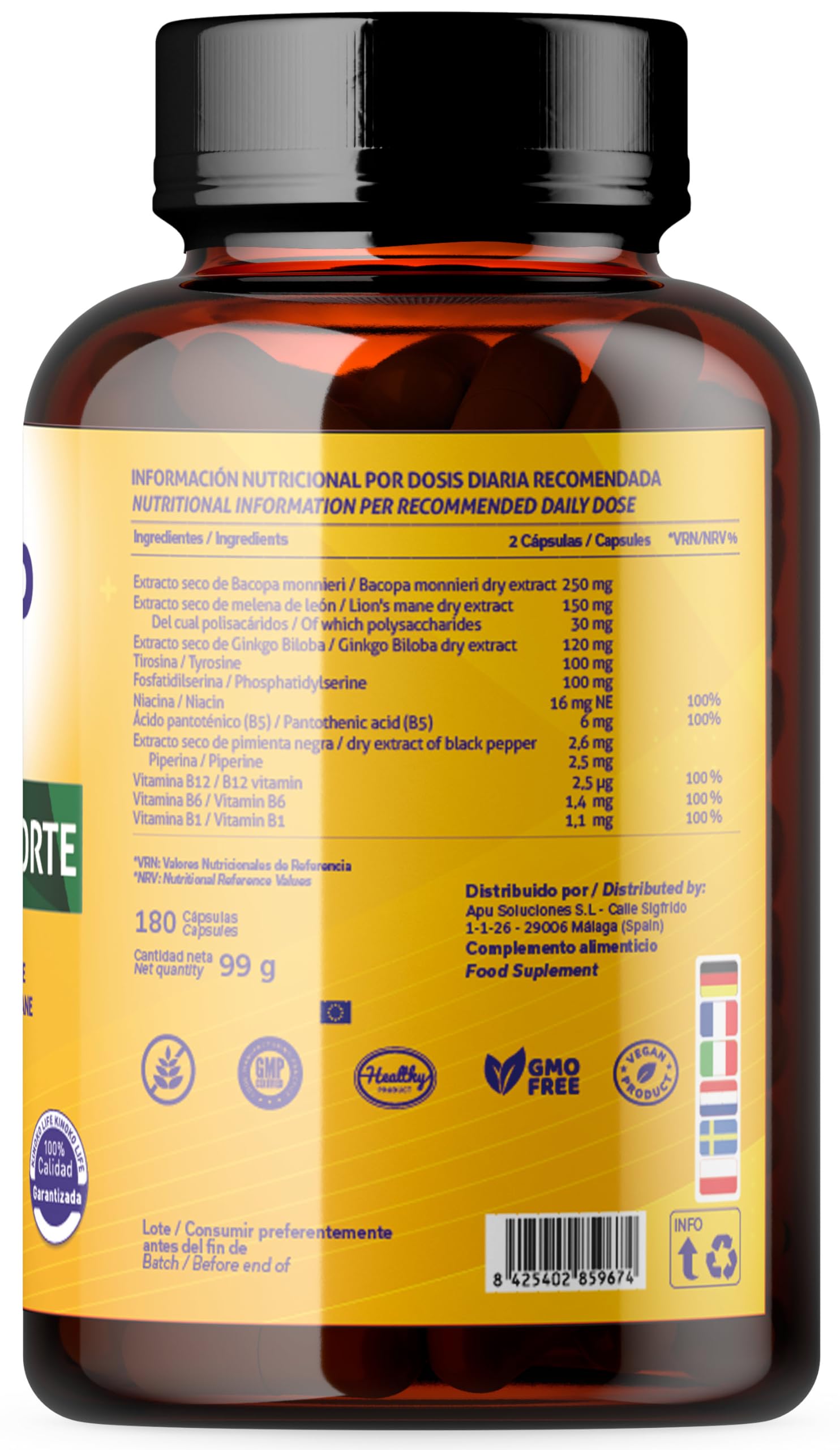 Ginkgo Biloba Forte 180 Capsule con Bacopa, Fosfatidilserina, Criniera di Leone, Tirosina, Niacina e Vitamine B Complex per Memoria e Concentrazione.