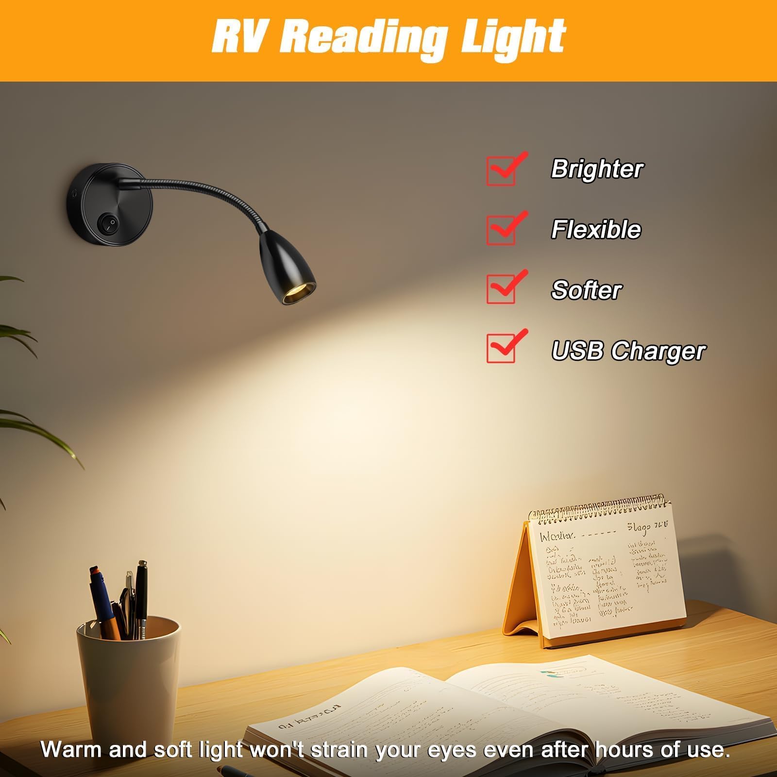ERWEY 2er LED Lampa do czytania 12V Camper, 3W 3000K Lampa ścienna Lampa Łóżkowa z elastyczną gęsią szyją i portem ładowania USB DC12-24V Spot do łodzi, jachtu, vana oświetlenie wnętrza, czarny