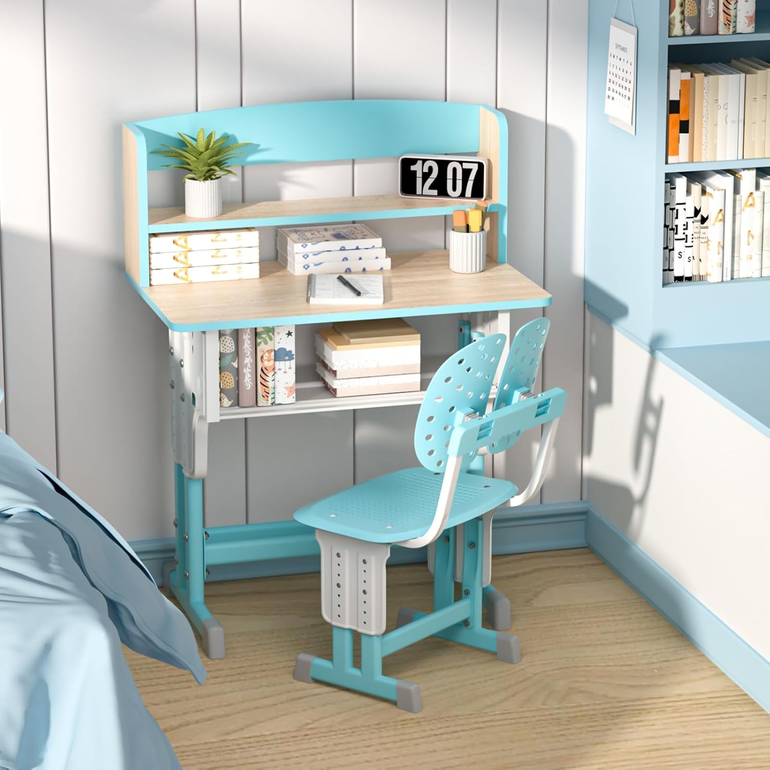 Kids Study Desk and Chair Set, Adjustable Children Learning Table and Chair, Ergonomic Student Writing Desk, Kids Homework Desks with Storage Drawer, Book Stand for Boys Girls Blue