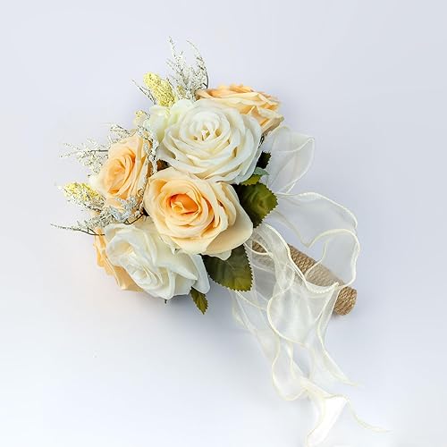 Miniatura 5 de Saiiwnn Ramos de novia para novia, ramo de dama de honor, rosas blancas champán, flores artificiales para boda, iglesia, decoración del hogar