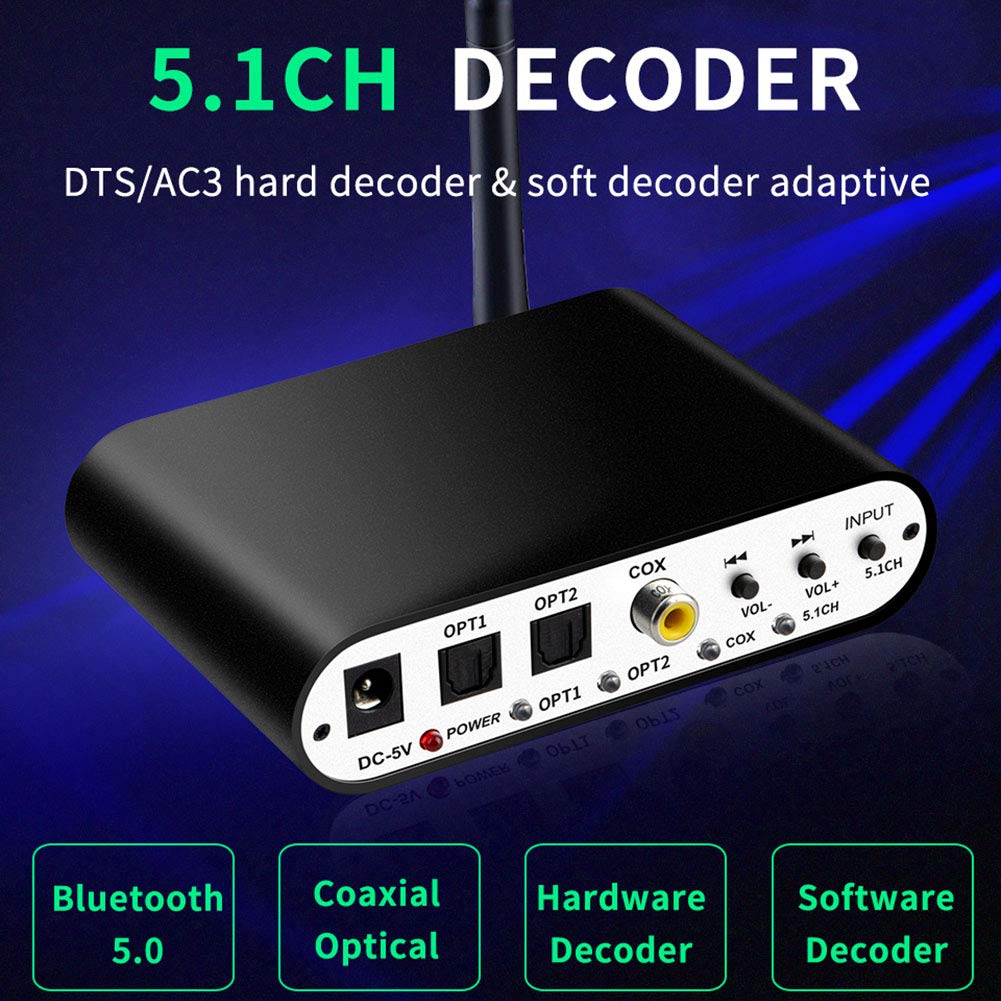 RSGK Decodificador De Audio De 5.1 Canales, U Disk Receptor Bluetooth 5.0 De Fibra Óptica Coaxial Convertidor Digital a Analógico, Óptico Coaxial AUX USB Reproducción De Disco DAC DTS AC3 FLAC