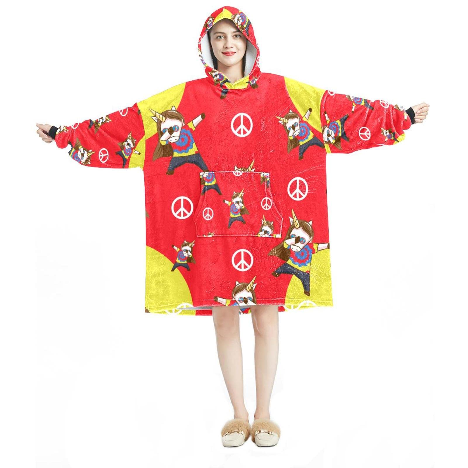 Felpa con cappuccio oversize, coperta con cappuccio in flanella Sherpa con cappuccio e tasca per adulti, uomini e donne, modello hip hop con unicorno