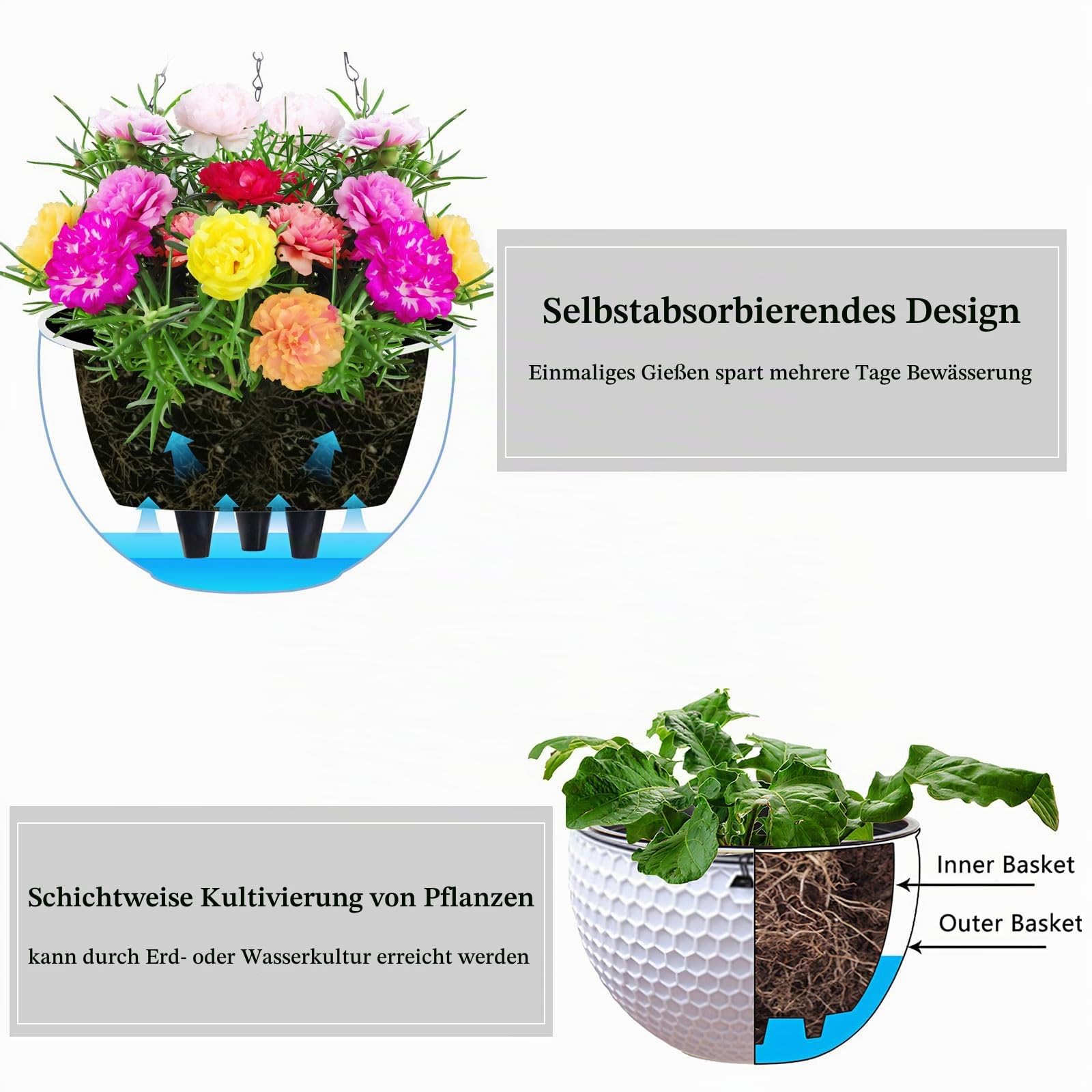 Hängende Blumentöpfe, 2 Stück Blumenampel Außen, Für Innen Draußen, Weiß M | Pflanzampel Hängeampel, Hängende Blumenampel Mit Rostfrei, Mit Drainagelöchern Und Stöpseln,Für Decken Balkone Wanddekoration