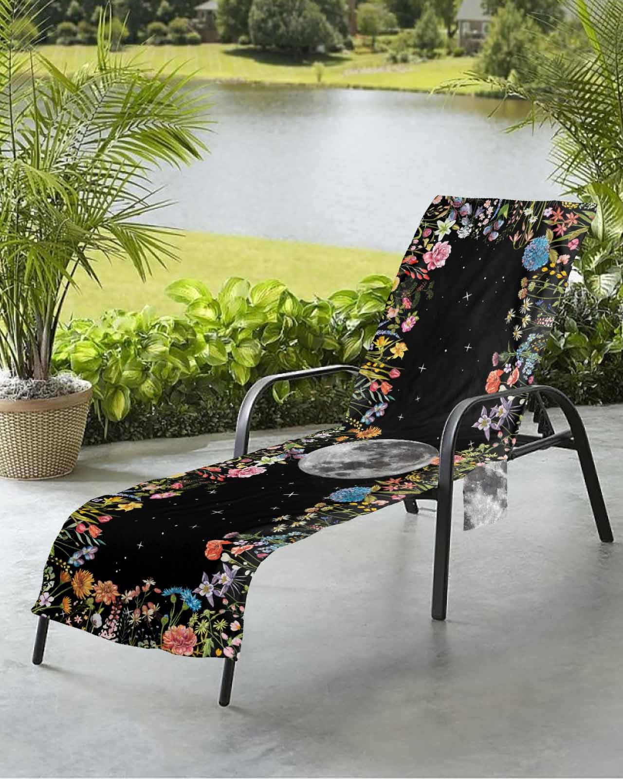Botanical Herb Beach Chair Towel Covers for Chaise Lounge with Side Pocket, Soft Plush Pool Towels Cover for Patio Sunbathing Outdoor 29''x85'' Spring Floral Wildflower Moon Star Black
