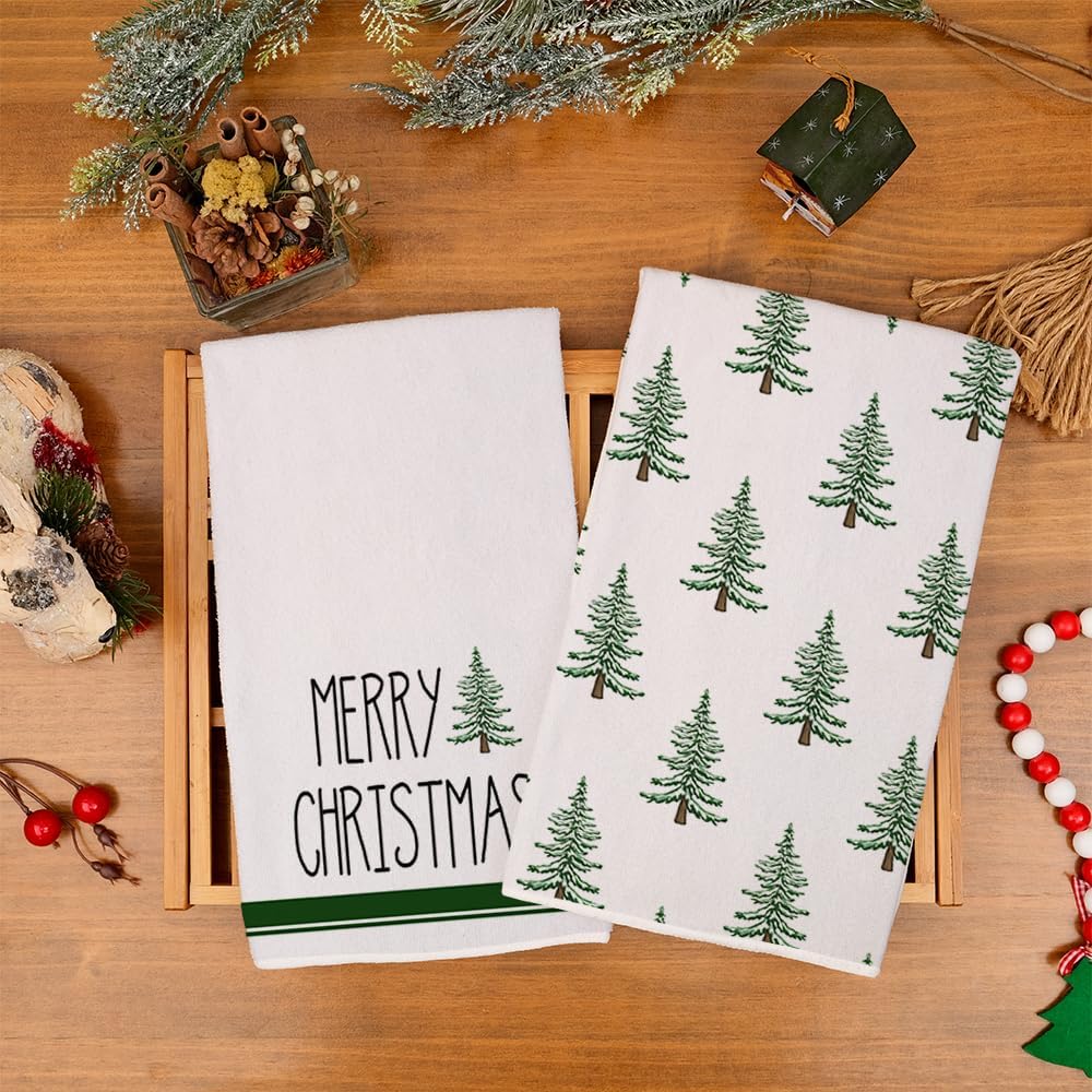 Merry Christmas Kitchen Towels Set of 2,Green Xmas Tree Snow Dish Hand Towels Holiday Home Indoor Bathroom Party Seasonal Noel Decorations DD051 - Image 6