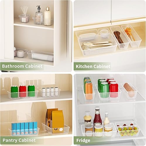 Miniatura 6 de Juego de 10 organizadores de cajones transparentes, 4 tamaños, bandejas de plástico para maquillaje con almohadillas de silicona antideslizantes,