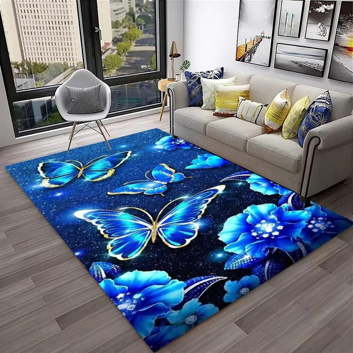 Tapis papillon pour chambre fille en flanelle douce bleue et violette
