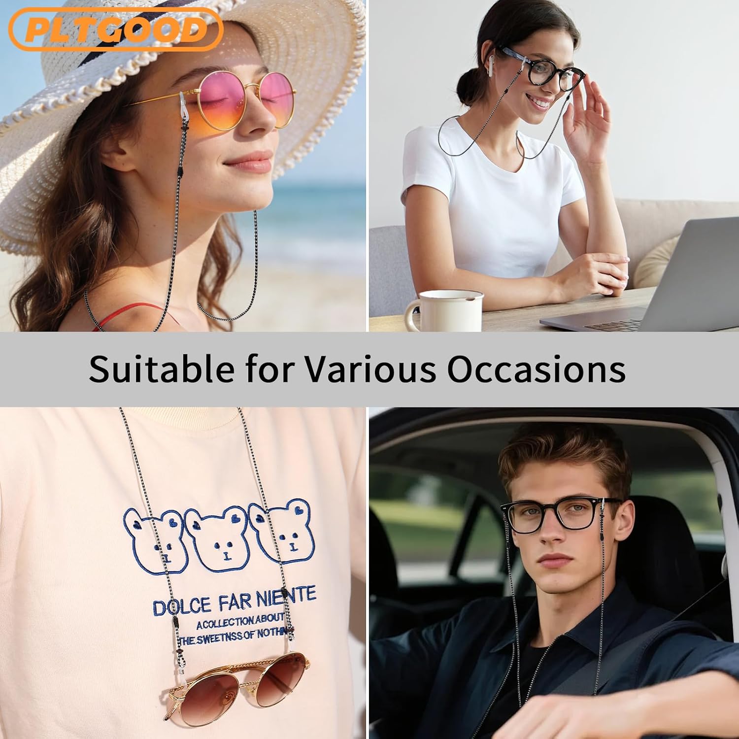 Eye Glasses Holders Around Neck Anti-slip Eyeglasses Strap Adjustable Sunglass Holder Light Black Rope Glasses Chain for Women