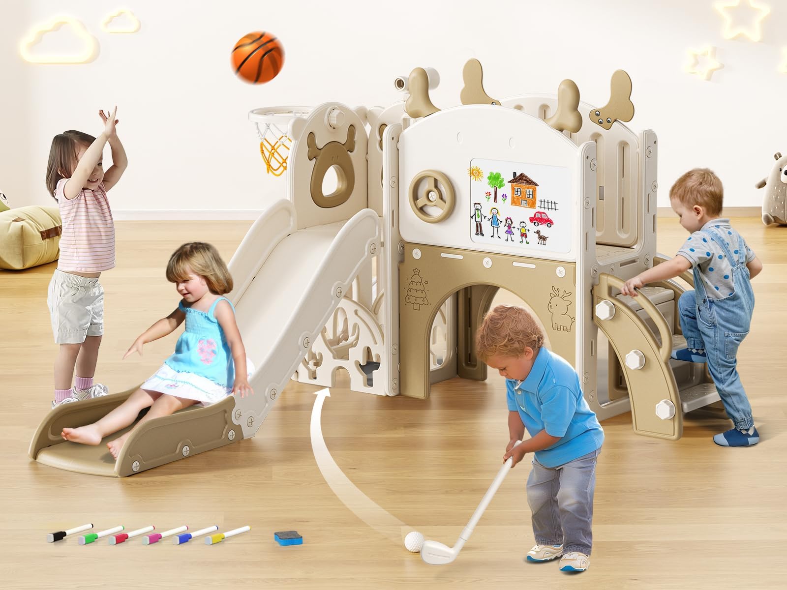 Toddler Slide, 10 in 1 Toddler Playset - Upgrade with Kids Slide, Drawing Board, Golf Set, Basketball Hoop and Storage Space for Age 1-3, Indoor and