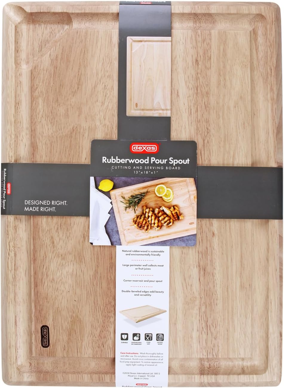 Dexas Rubberwood Pour Spout Cutting Board – 18" x 13" x 1" | Juice Groove, Easy-Pour Corner, Heavy-Duty Wood Board for Carving & Chopping