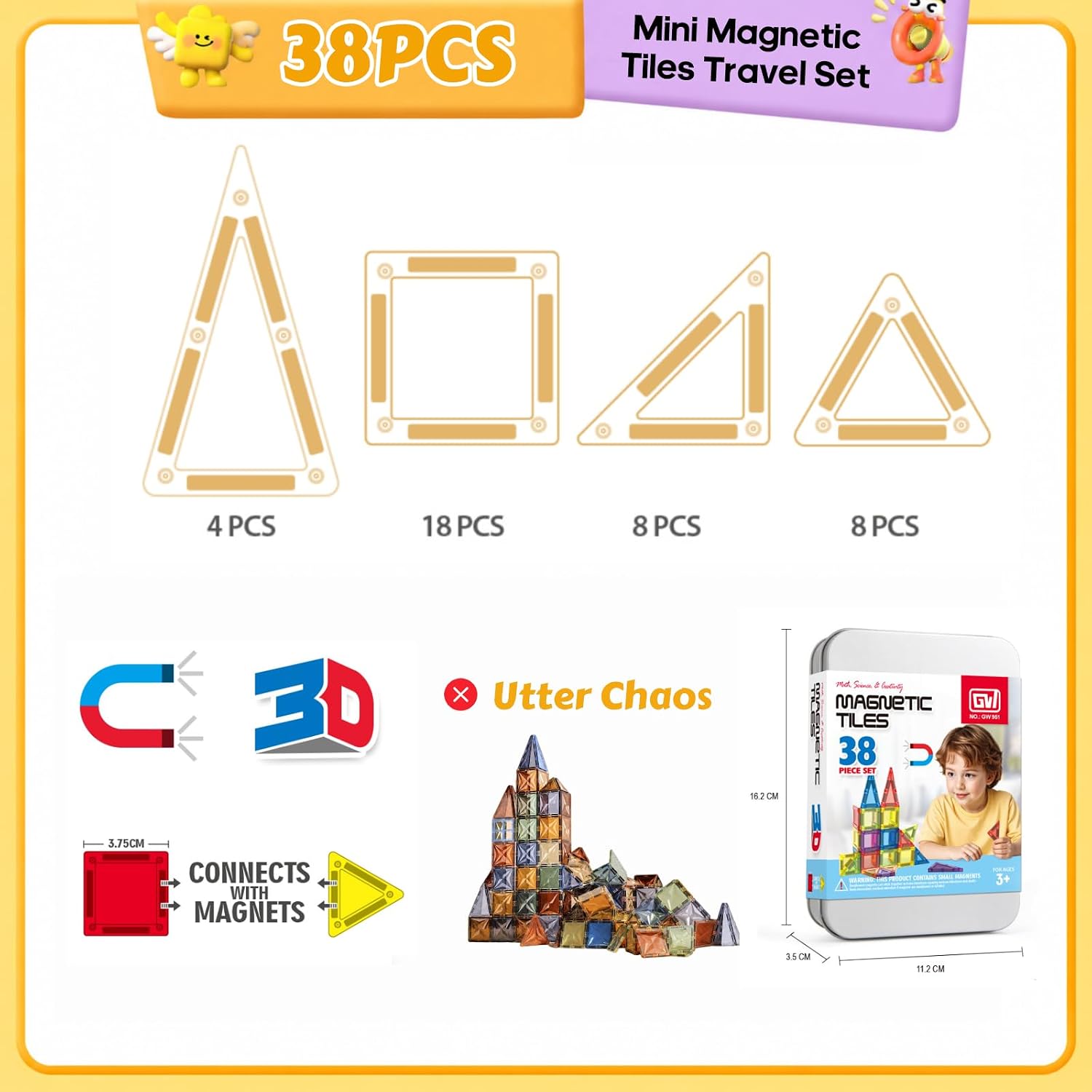 Mini Magnetic Tiles 38PCS, Portable Travel Building Blocks for Kids Age 3+ | Magnetic building tiles, portable travel size, STEM learning toy, creative play, gift for kids age 3+, outdoor activities
