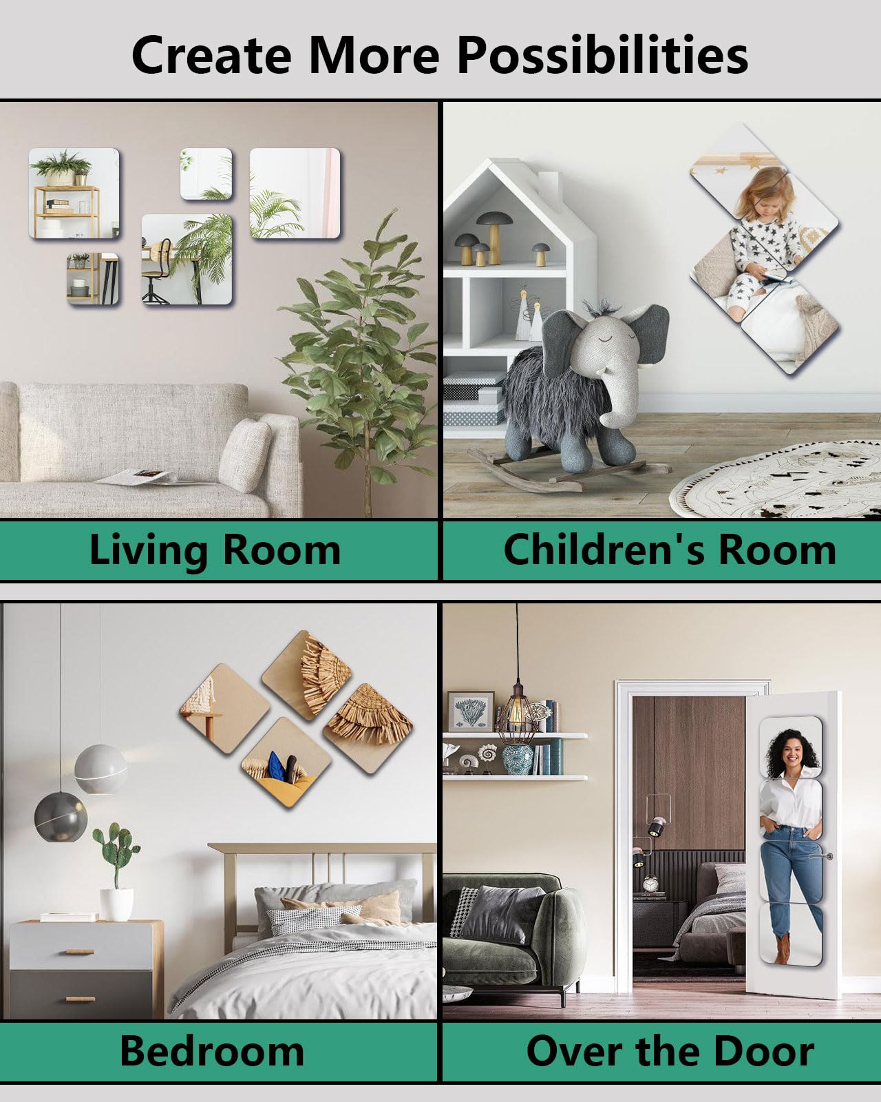 Piastrelle a specchio infrangibili staccabili e attaccate per decorazione da parete, 4 pezzi, 40,6 x 30,5 cm, infrangibili, per decorazione da parete, in classe, specchi per bambini per camera dei