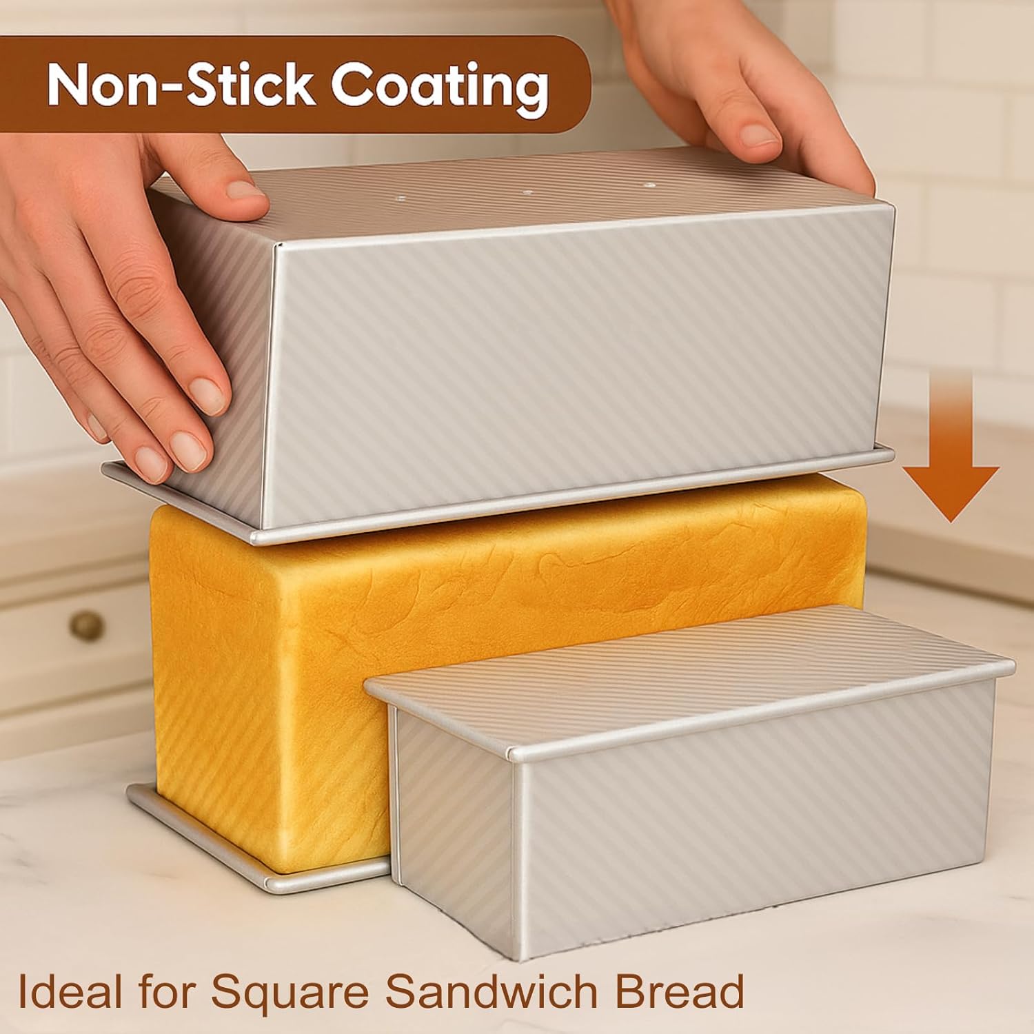 2-Pack Pullman Loaf Pan with Lid –Includes Two Size 13 by 5 & 8.4 by 4.8 Loaf Pan, Silver Textured Finish, Vented Bottom, Nonstick Bread Pan Set, Ideal for Sandwich Bread, Toast, Sourdough - Image 8