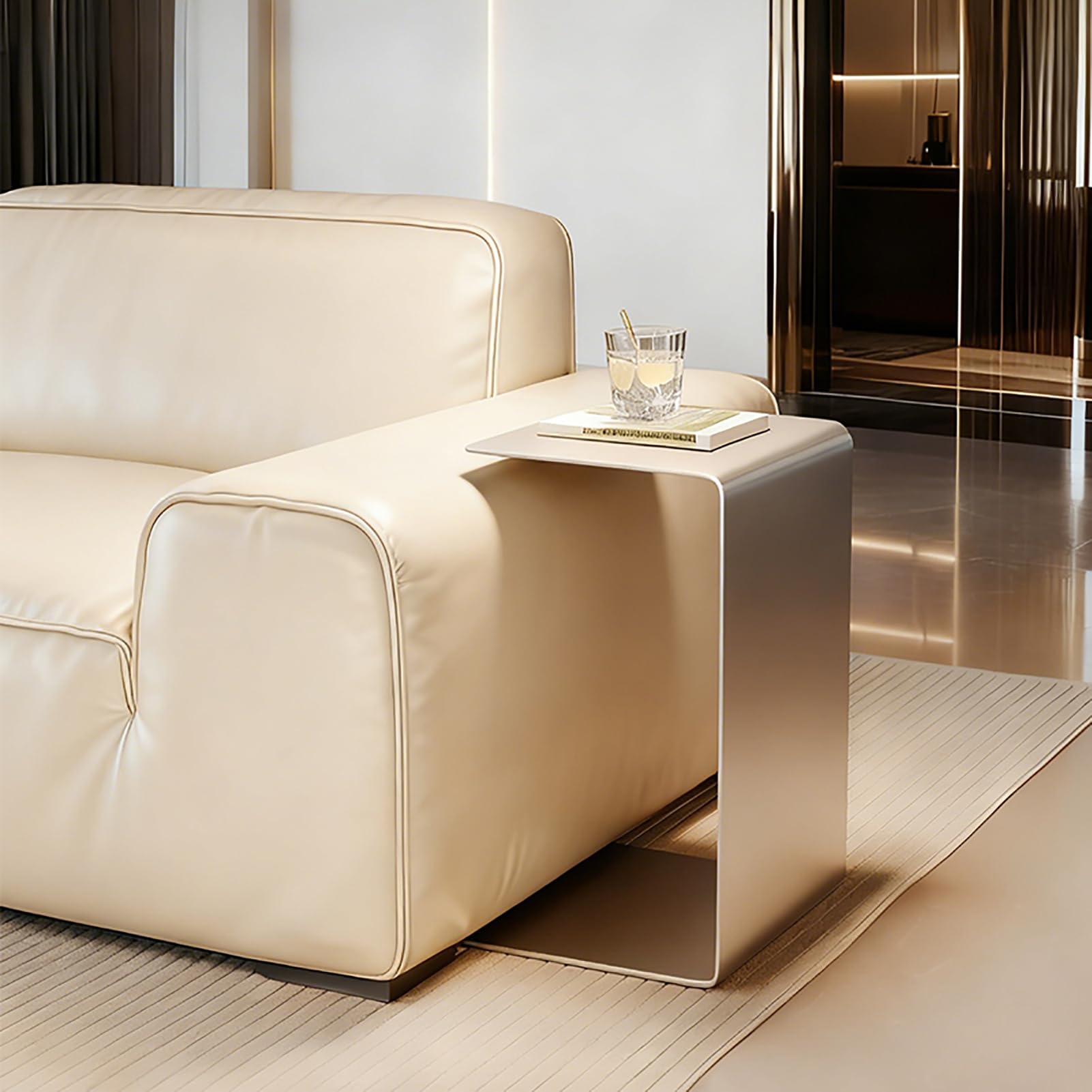 C Shaped End Table for Couch, Stainless Steel Nightstand Slide Under Sofa Side Table Small Space Laptop Work Desk Snack Table for Living Room, Bedroom, Balcony(30x30x52cm(12x12x20), Silver)