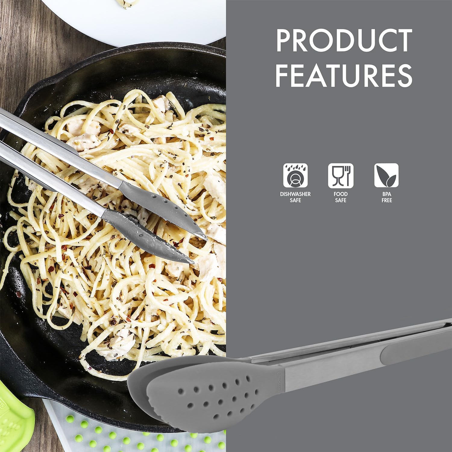 Dexas Spoon & Strain Tongs with Gravity open & Close Operation, 12", Gray