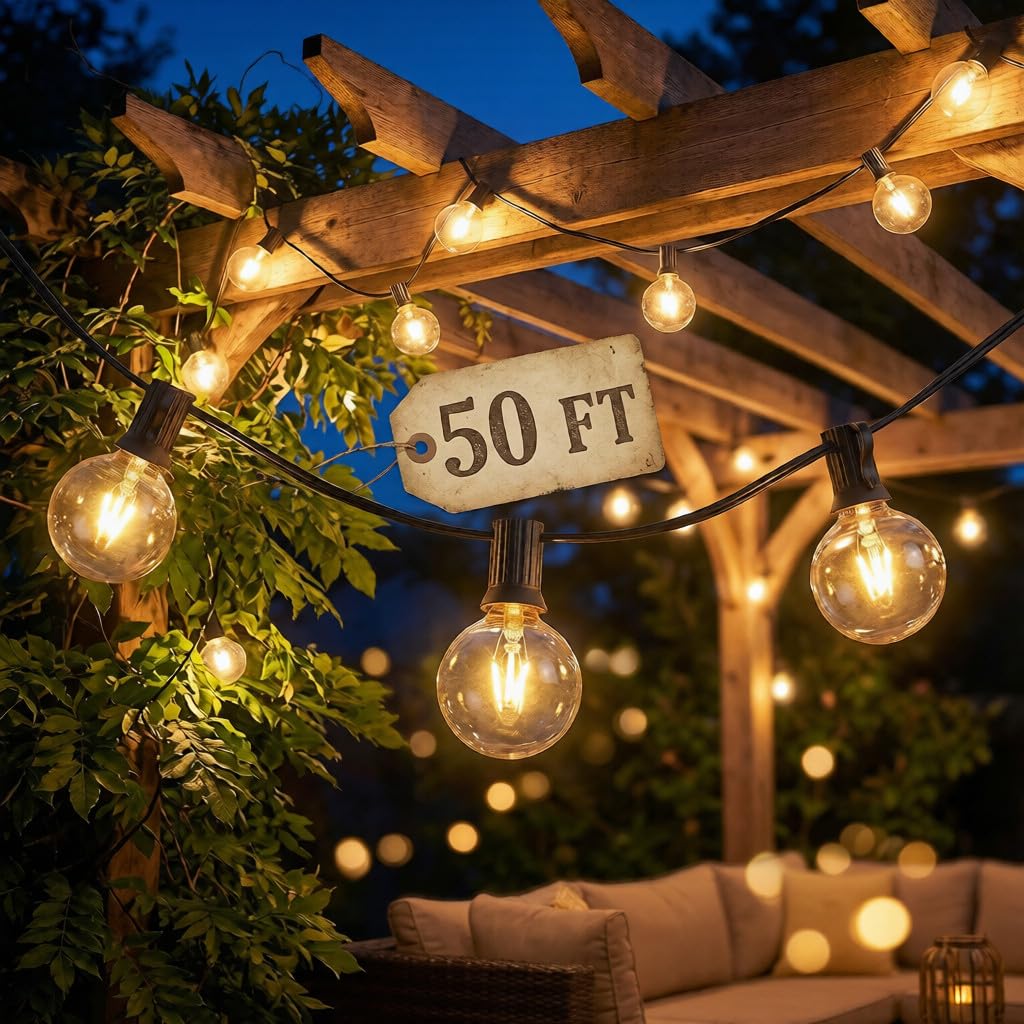 Abeja 50FT G40 Globe String Lights, Outdoor Patio String Lights with 53 Edison Globe Bulbs(3 Spare), Hanging Bistro Light Waterproof for Balcony Party Wedding Market Cafe, Black